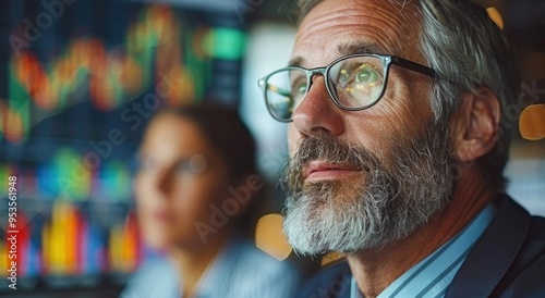 Mature Businessman Analyzing Market Data on Monitors in Modern Office Environment