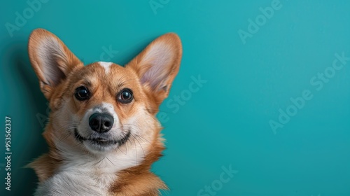 Corgi dog sitting on blue wall