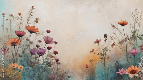 Artwork in mixed media, minimalist garden in bohemian style with floral background