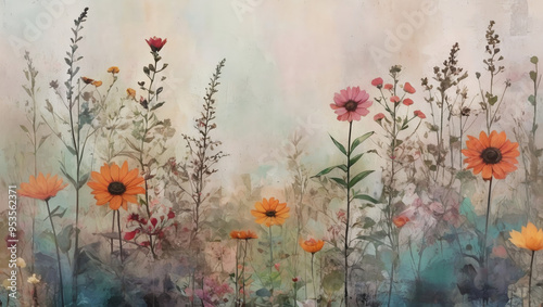Artwork in mixed media, minimalist garden in bohemian style with floral background