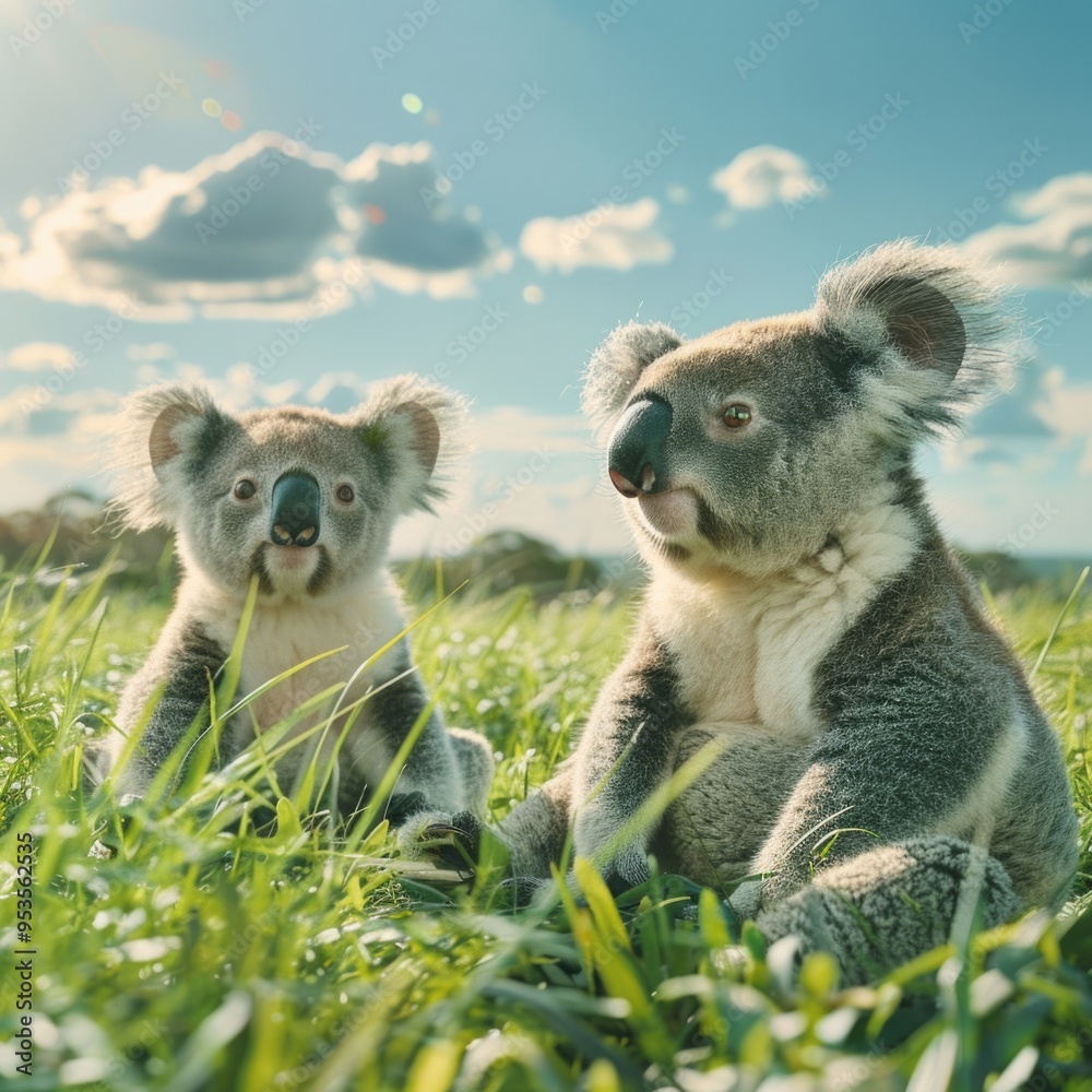 Obraz premium Two koalas sitting in grass on sunny day