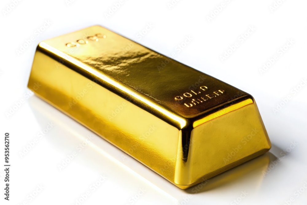 A polished gold bar reflecting light on a smooth white surface. Generative AI A polished gold bar reflecting light on a smooth white surface. Generative AI