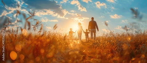 Happy Family Walking in Sunset Field, Holding Hands Against Sunlight photo