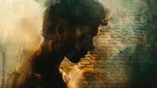 Silhouette of Contemplative Person Overlaid with Abstract Text and Shadows photo