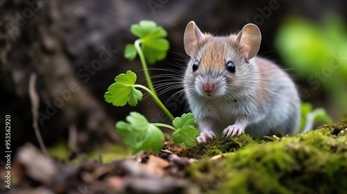 Cute Mouse in Natural Forest Habitat Next to Green Plant on Mossy Ground photo