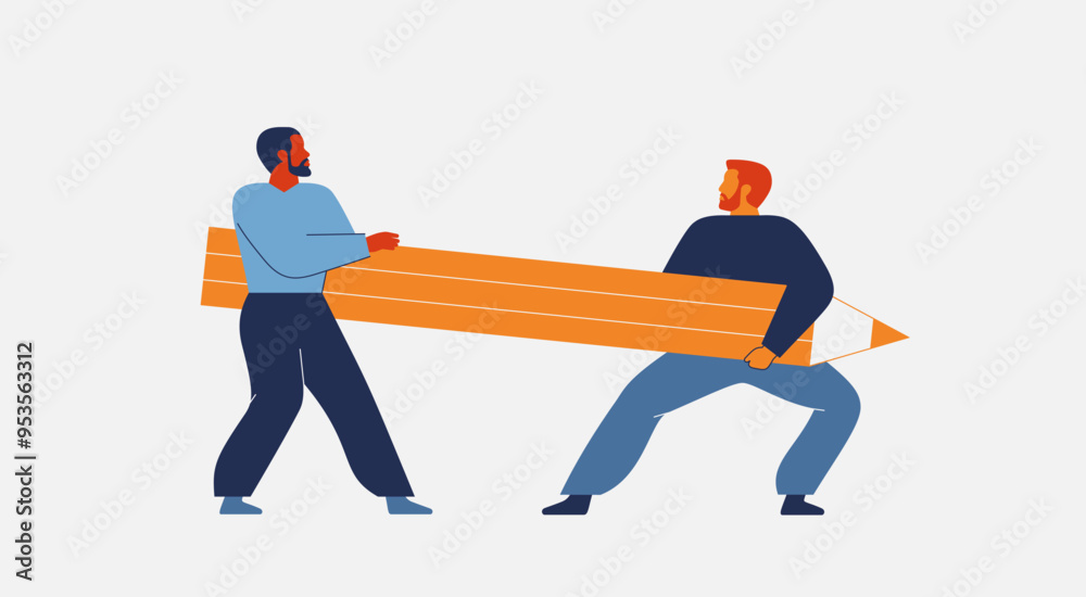 Obraz premium Idea theft and copyright infringement. Two men pull of pencil. Coworker or boss takes credit of creative work or product that to be owned by another. Stole intellectual contribution. Vector