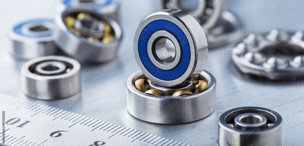 different bearings on a metal background. Part of mechanism.