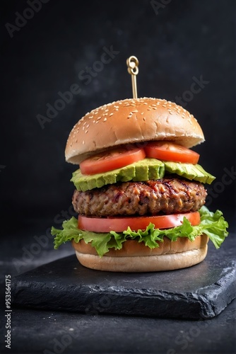 Delicious vegan burger on a dark background with copy space. Plant-based meat concept.