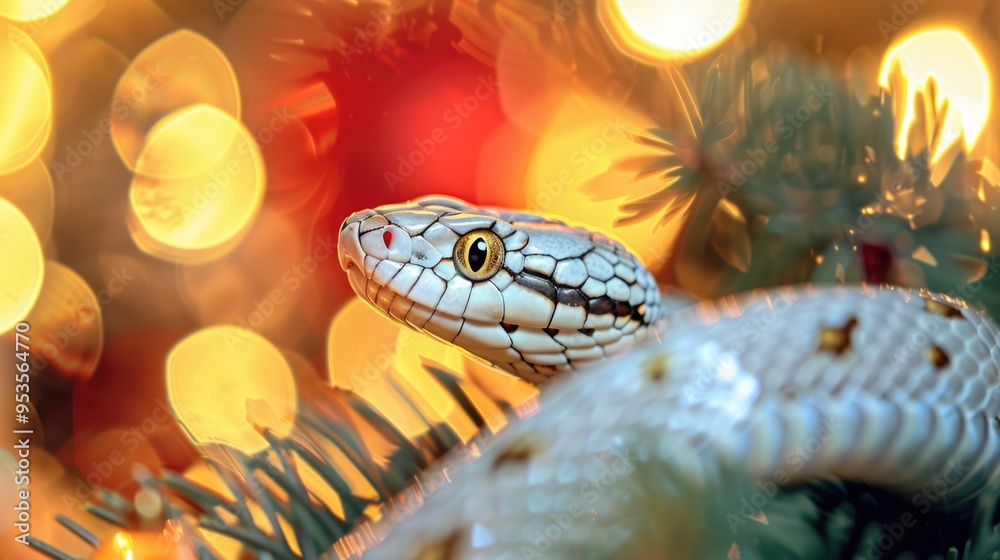 Festive Snake Among Holiday Lights and Pine Needles Festive Snake Among Holiday Lights and Pine Needles
