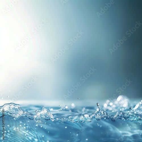 Oceanic Burst of Clarity. A close-up of a water splash that highlights the clarity and precision of each droplet, set against a blurred blue background that enhances the scene's refreshin photo