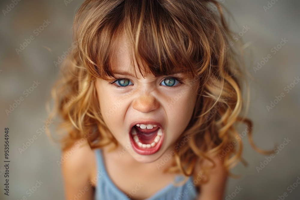 Angry Little Girl with Curly Hair Yelling: Emotional Child Expression in Blue Dress Angry Little Girl with Curly Hair Yelling: Emotional Child Expression in Blue Dress