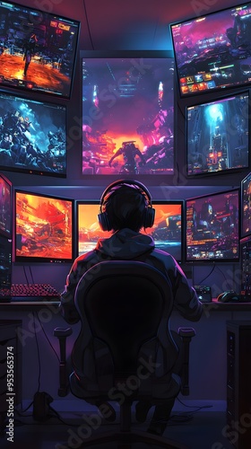 A gamer with headphones sits in front of a computer, playing a game. The gamer is surrounded by multiple monitors displaying various games and futuristic technology elements