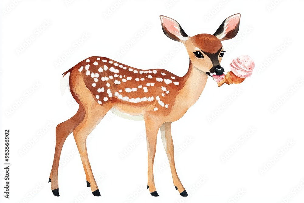 Quirky deer eating ice cream, savoring the moment, isolated on white, watercolor style Quirky deer eating ice cream, savoring the moment, isolated on white, watercolor style