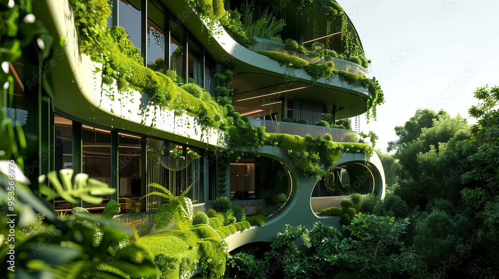 Picture of Biophilic design architecture with lush greenery. Curvilinear eco ...