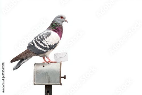 Messenger pigeon standing on a mailbox, ready to drop off a letter, isolated on white, watercolor style photo