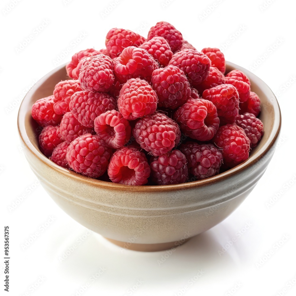 Fresh raspberries piled high in a bowl on a white background. Generative AI Fresh raspberries piled high in a bowl on a white background. Generative AI