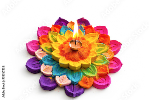 Traditional oil lamp with rangoli design photo