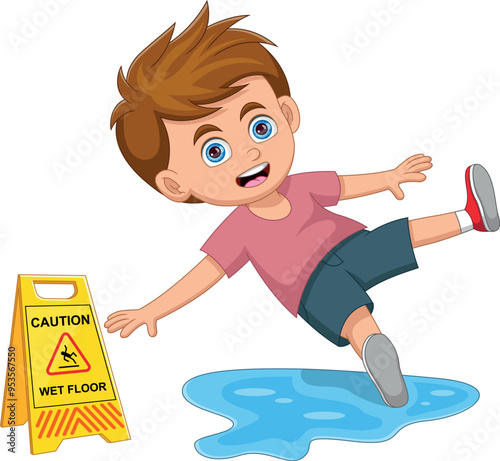 Boy slipping on wet floor photo