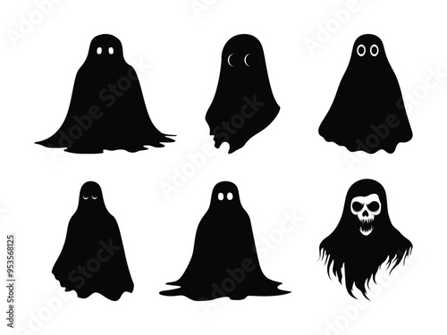 Spooky Halloween Ghost Silhouettes | Scary Black and White Vector Clipart for Haunted Designs.