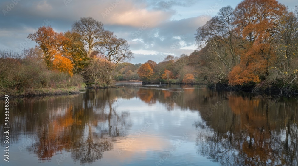 Fototapeta premium Serene Autumn Lake Reflection with Colorful Trees and Cloudy Sky in Peaceful Nature Setting
