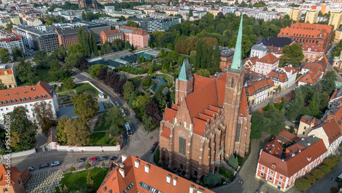 Collegiate Church of the Holy Cross, St. Bartholomew's Church in Wrocław, aerial view, Poland