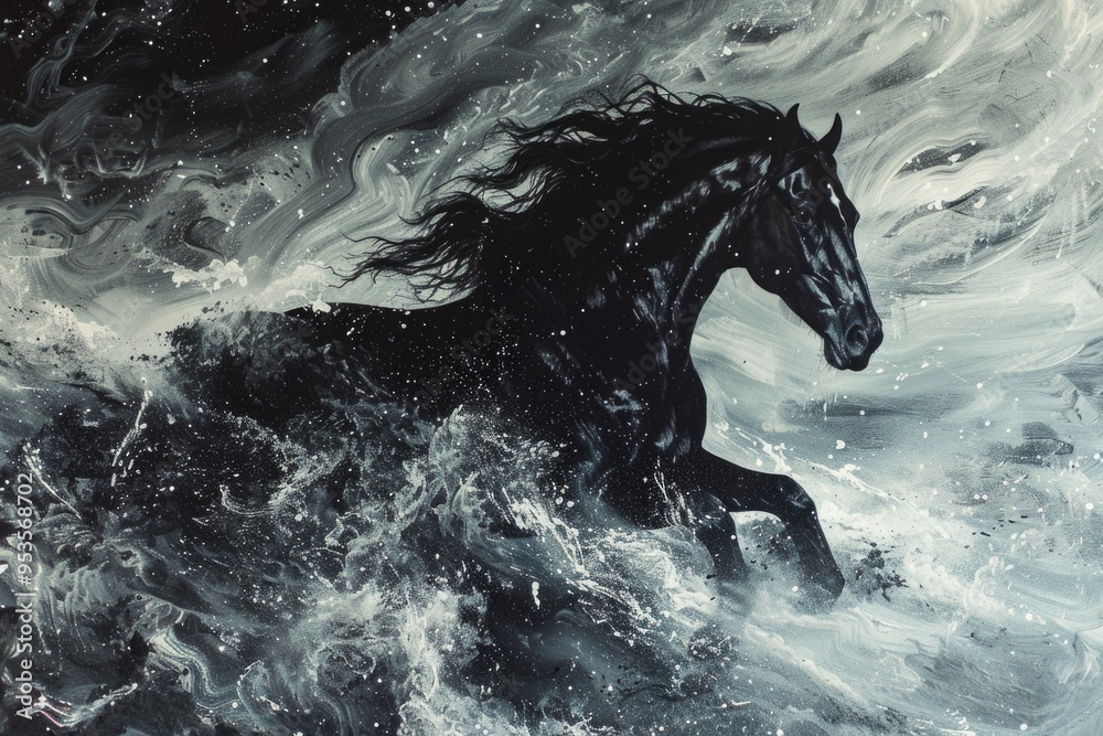 Black Stallion Running Through Water in Dramatic Monochrome Art Black Stallion Running Through Water in Dramatic Monochrome Art