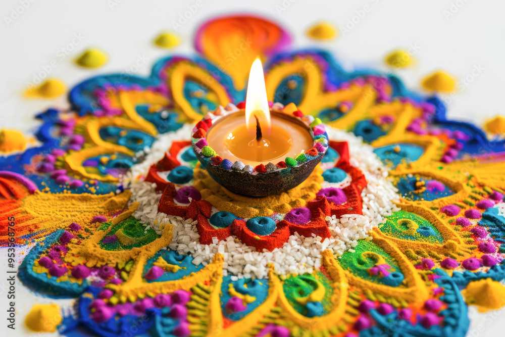 Traditional oil lamp with rangoli design Traditional oil lamp with rangoli design
