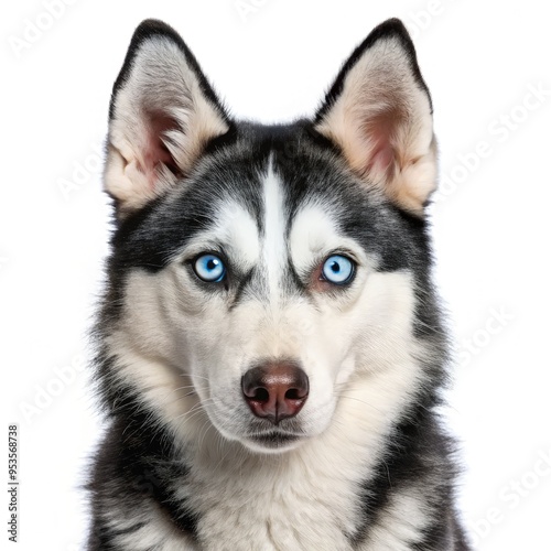 Siberian husky with striking blue eyes isolated on a white background. Generative AI