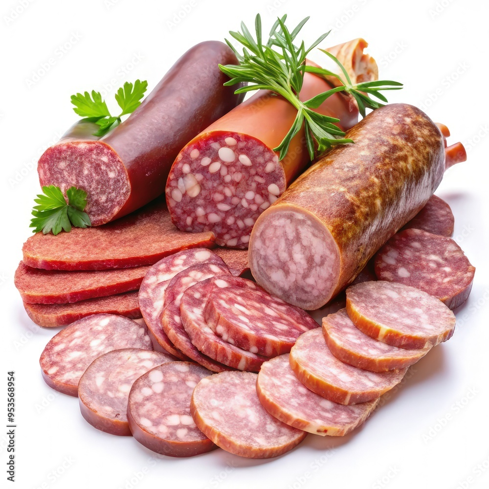 Array of assorted sausage, ham, and salami slices on a white background. Generative AI Array of assorted sausage, ham, and salami slices on a white background. Generative AI