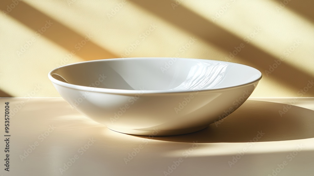 A white bowl sits on a table in front of a yellow wall. The scene is simple and uncluttered, with the focus on the bowl and the table A white bowl sits on a table in front of a yellow wall. The scene is simple and uncluttered, with the focus on the bowl and the table
