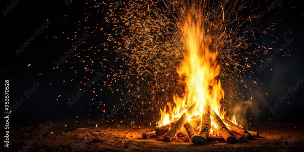 Sparks flying from bonfire into dark night with shallow focus, bonfire, sparks, dark, night, fire, flames, glowing, heat Sparks flying from bonfire into dark night with shallow focus, bonfire, sparks, dark, night, fire, flames, glowing, heat