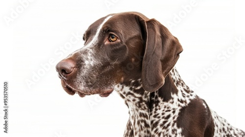 German shorthaired pointer dog sitting in front of white background