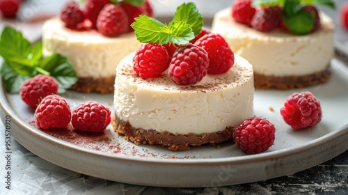 Raspberry topped mini cheesecakes on a plate