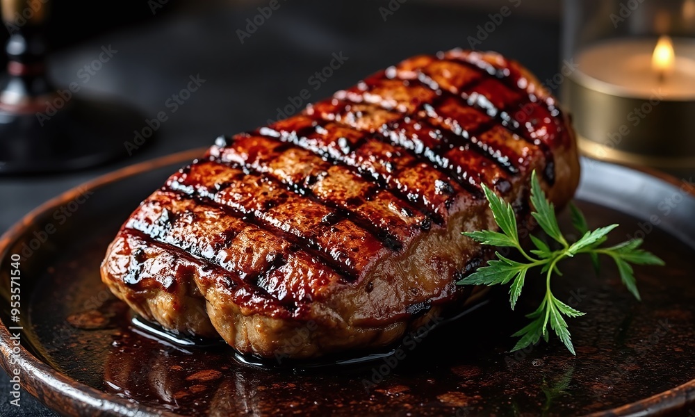 Succulent grilled beef steak with perfect sear marks, served on a rustic plate against a dark