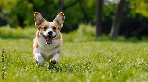 A happy dog is running through a grassy field