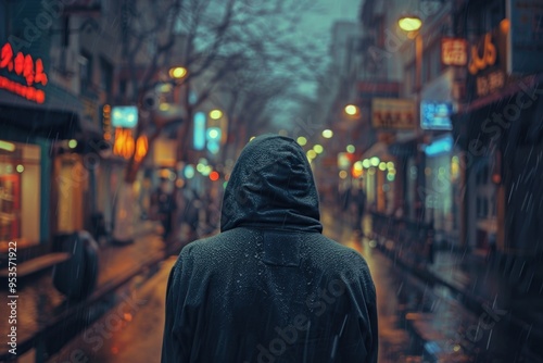 Person walking down street in rain