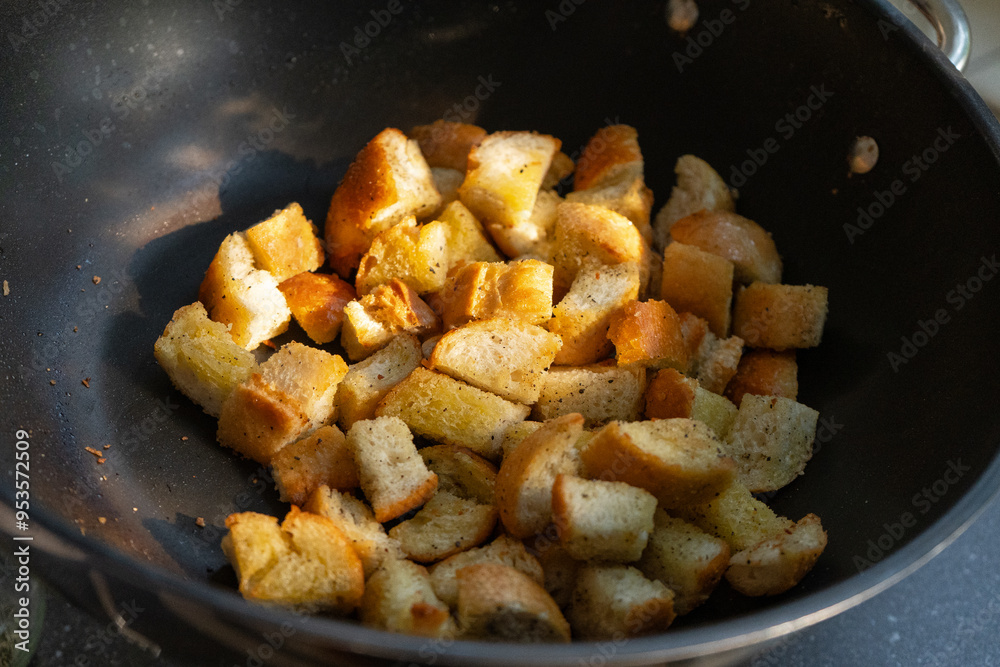 Italian caprese salad with sliced tomatoes, Burrata, basil and jamon. Making Croutons for Caprese Salad.