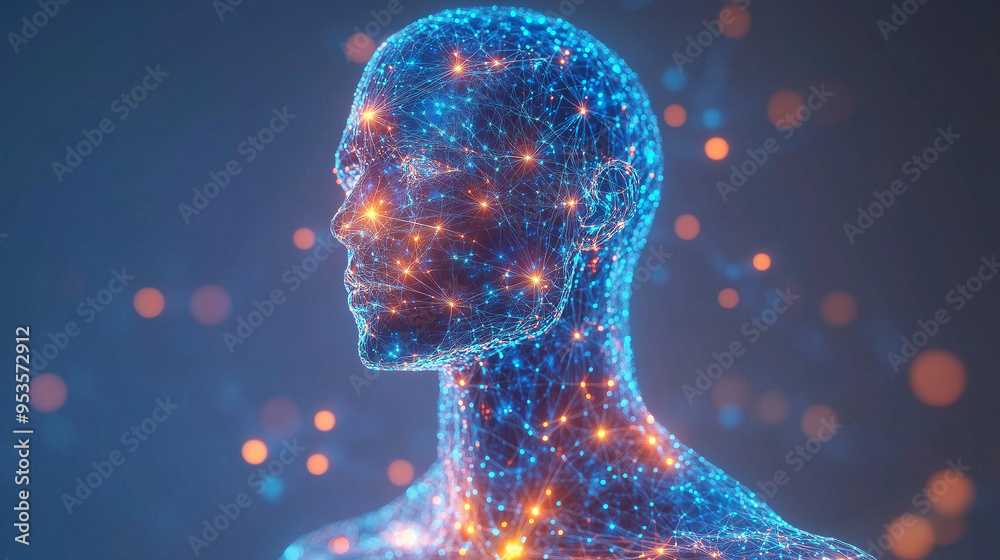Illustration of the human body with interconnected lines representing the mind, body, and skin connection. Illustration of the human body with interconnected lines representing the mind, body, and skin connection.