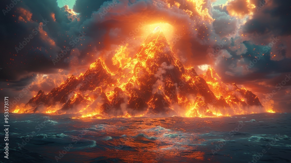 Molten lava in the shape of mountains, fireflies above, sky lit up, 16k UHD quality Molten lava in the shape of mountains, fireflies above, sky lit up, 16k UHD quality