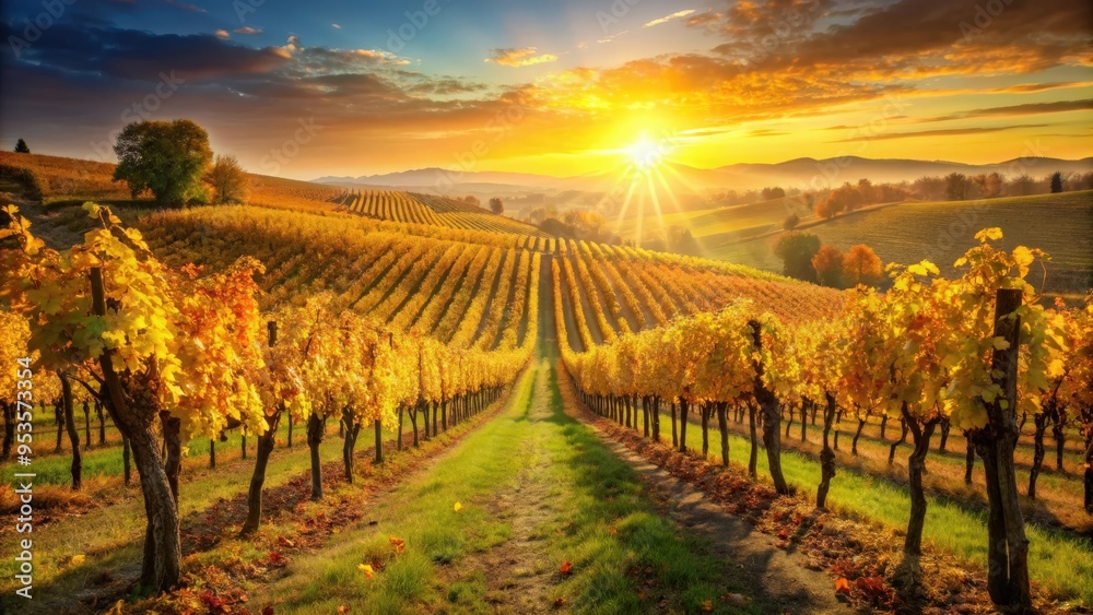 Vineyard bathed in golden sunset light during the autumn harvest season, vineyard, sunset, autumn, harvest, grapes