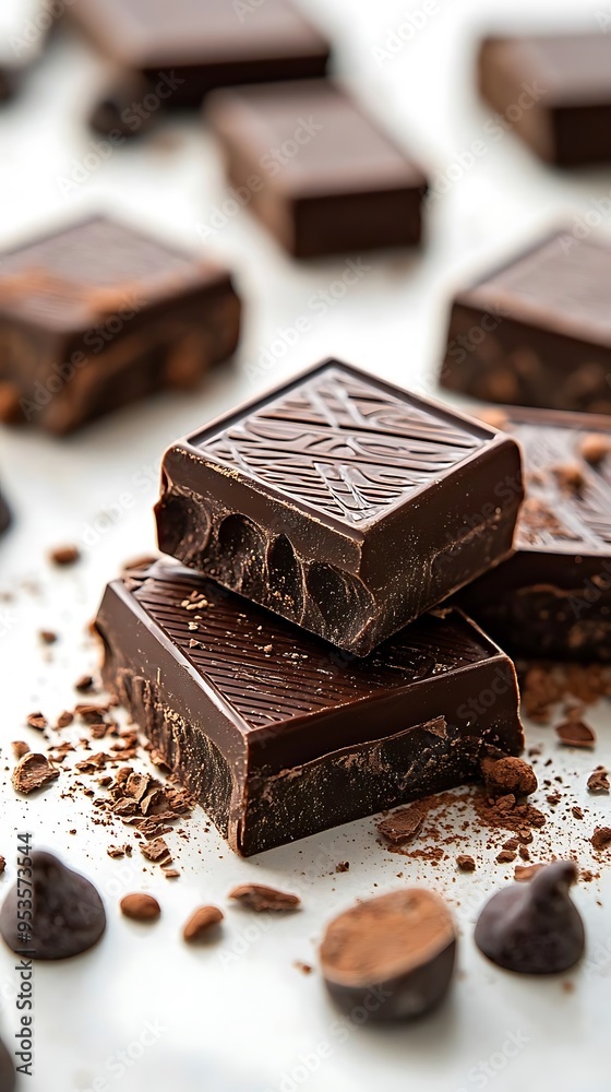 Closeup of Dark Chocolate Bars with Cocoa Powder and Chocolate Chips - Realistic Food Photography Closeup of Dark Chocolate Bars with Cocoa Powder and Chocolate Chips - Realistic Food Photography