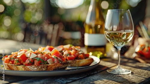 Bruschetta with tomatoes, basil, and white wine on a plate