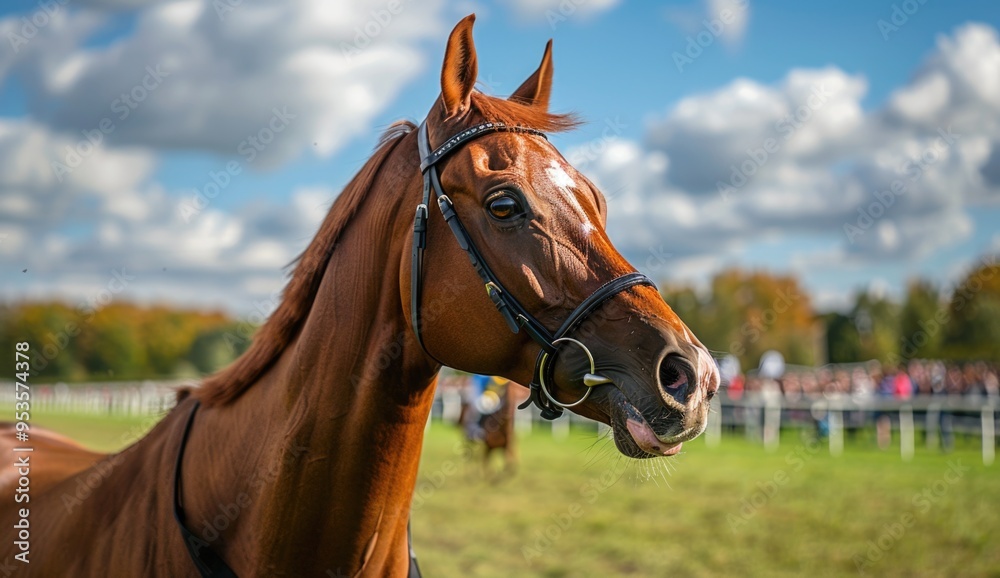 Racehorse at the track on a sunny day Racehorse at the track on a sunny day