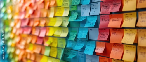 Kanban wall with colorful sticky notes and progress indicators in a collaborative workspace, reflecting agile project management and team efficiency