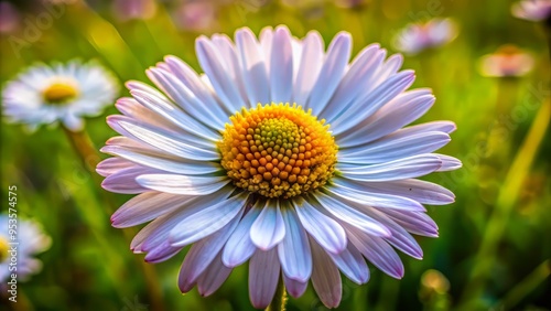 Vibrant meadow buzzing with life with a macro perspective, focusing on the intricate details of a single flower, such as the delicate edges of a petal or the fuzzy center of a daisy. photo