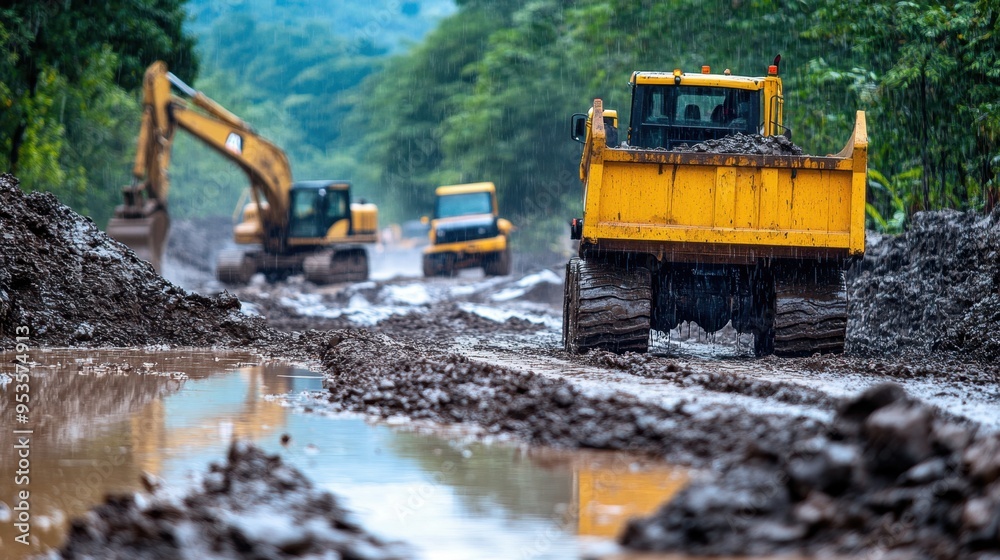 Excavators and dump trucks working tirelessly in a construction zone drenched by relentless rain showcasing vibrant water effects and muddy terrain Excavators and dump trucks working tirelessly in a construction zone drenched by relentless rain showcasing vibrant water effects and muddy terrain
