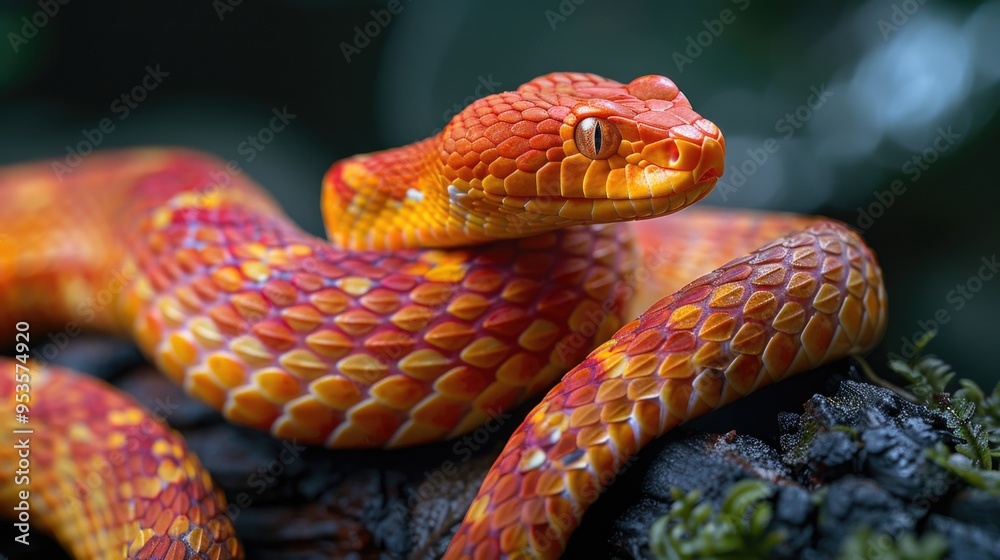 Fototapeta premium Vibrant Red and Orange Snake Coiled on Forest Branch in Natural Habitat