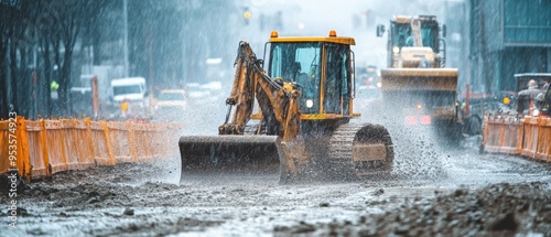 Heavy construction equipment operating in a downpour with visible rain splashes and puddles illustrating the challenges of rainy weather on site