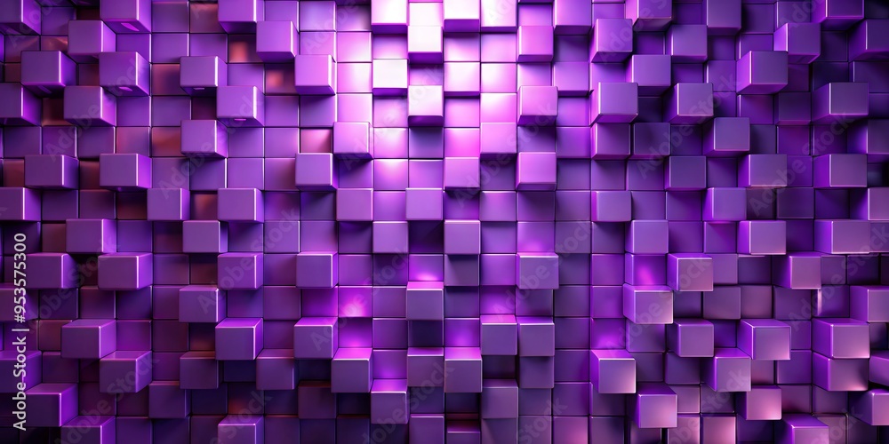 Abstract geometric background featuring small purple blocks arranged in a repeating pattern, illuminated by a soft, Abstract geometric background featuring small purple blocks arranged in a repeating pattern, illuminated by a soft,