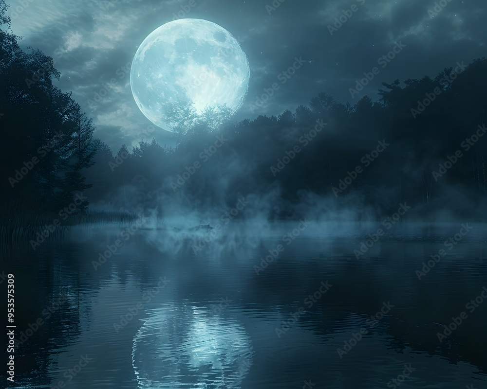 Naklejka premium Glowing Full Moon Reflected in Serene Dark Lake Mystical Nature Landscape Scene
